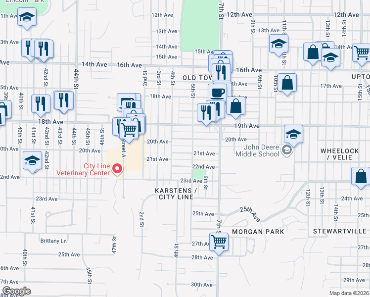 map of restaurants, bars, coffee shops, grocery stores, and more near 431 21st Ave in Moline