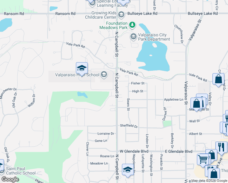 map of restaurants, bars, coffee shops, grocery stores, and more near 453 Golfview Boulevard in Valparaiso