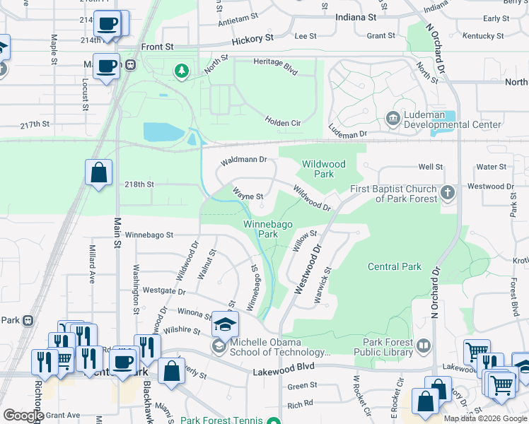 map of restaurants, bars, coffee shops, grocery stores, and more near 7 Wayne Court in Park Forest