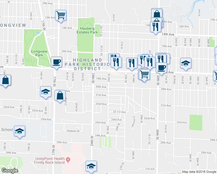 map of restaurants, bars, coffee shops, grocery stores, and more near 2498 20th Avenue in Rock Island