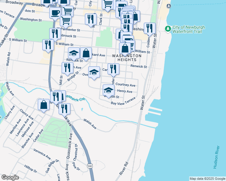 map of restaurants, bars, coffee shops, grocery stores, and more near 130 South Lander Street in Newburgh