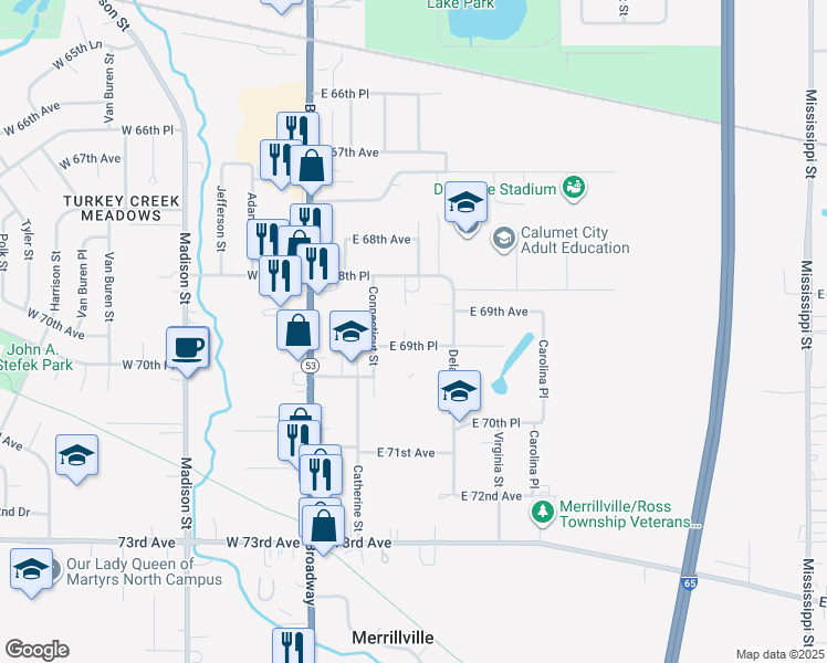 map of restaurants, bars, coffee shops, grocery stores, and more near 330 E 69th Pl in Merrillville