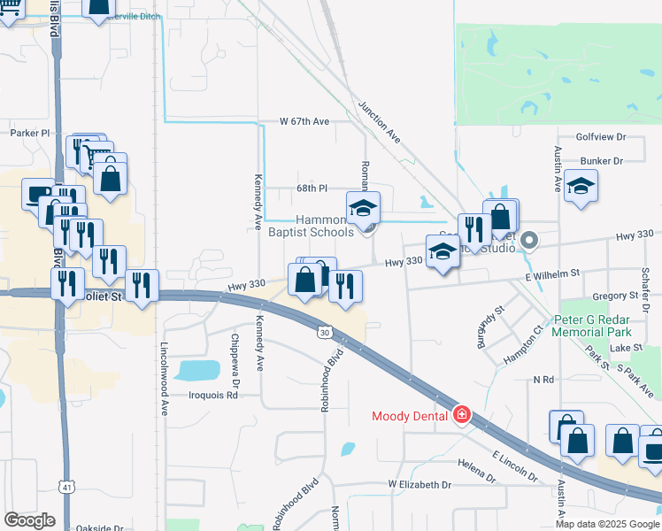 map of restaurants, bars, coffee shops, grocery stores, and more near 218 West Lincoln Highway in Schererville