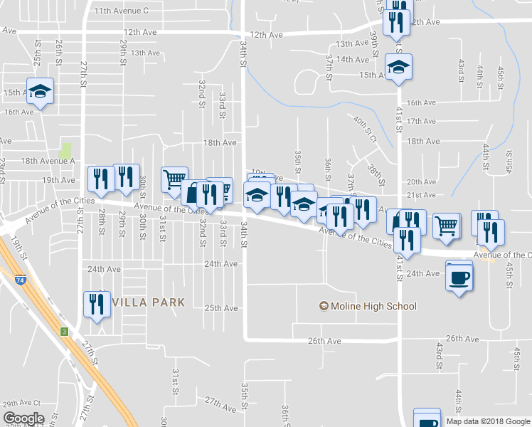 map of restaurants, bars, coffee shops, grocery stores, and more near 3435 Avenue Of The Cities in Moline