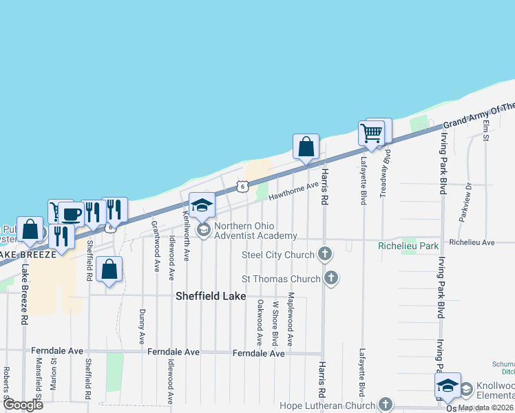 map of restaurants, bars, coffee shops, grocery stores, and more near 549 Oakwood Avenue in Sheffield Lake