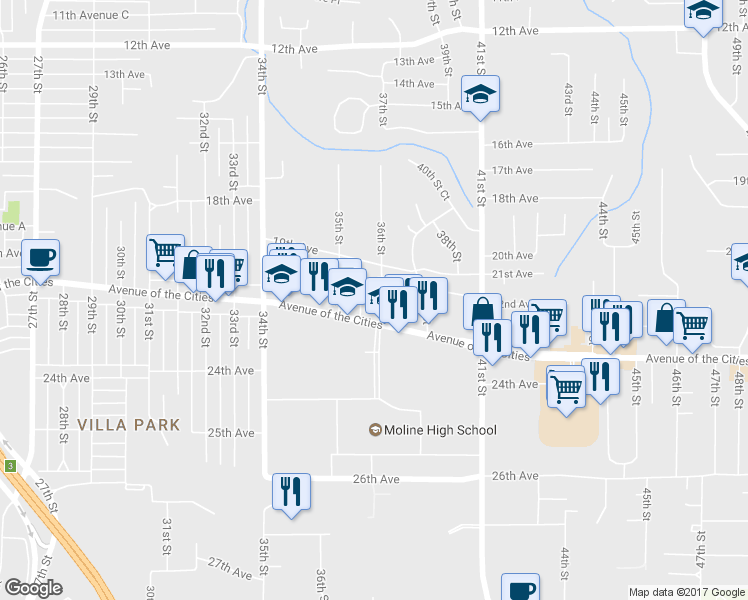 map of restaurants, bars, coffee shops, grocery stores, and more near 2209 36th Street in Moline