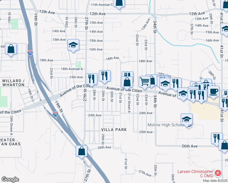 map of restaurants, bars, coffee shops, grocery stores, and more near 2320 30th Street in Moline
