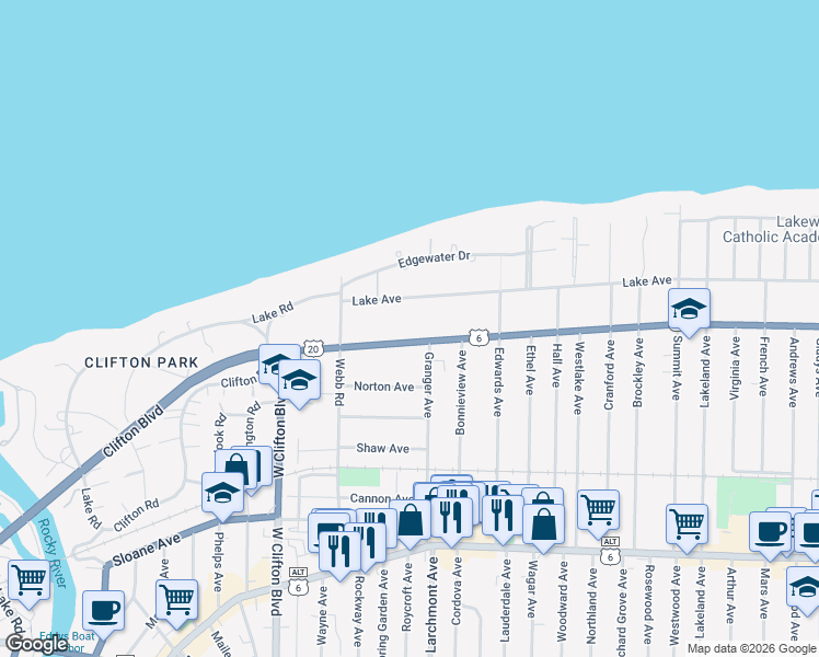map of restaurants, bars, coffee shops, grocery stores, and more near 17416 Clifton Boulevard in Lakewood