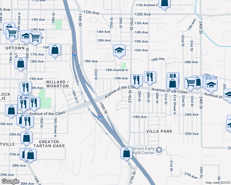 map of restaurants, bars, coffee shops, grocery stores, and more near 2412 Avenue Of The Cities in Moline