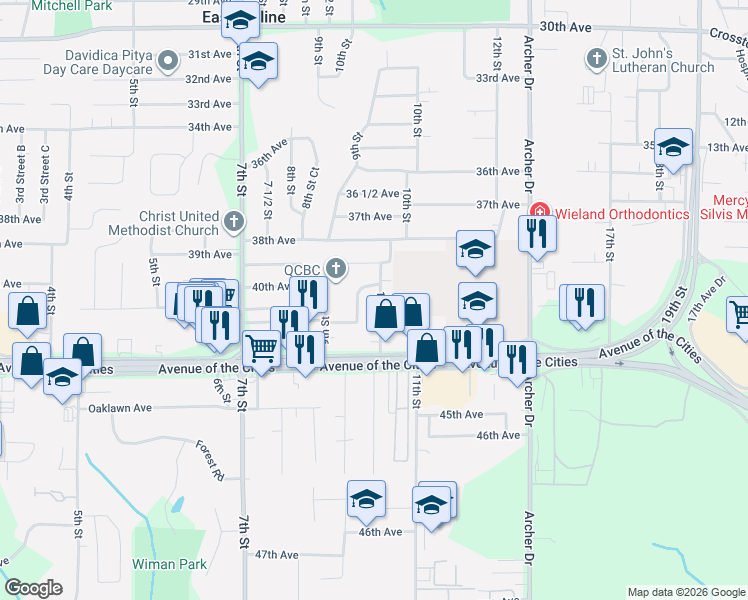 map of restaurants, bars, coffee shops, grocery stores, and more near 4034 10th Street in East Moline