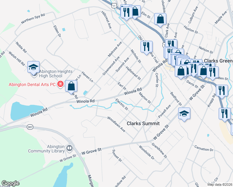map of restaurants, bars, coffee shops, grocery stores, and more near 716 Winola Road in Clarks Summit