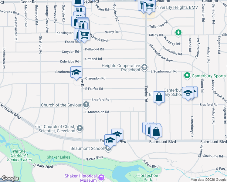 map of restaurants, bars, coffee shops, grocery stores, and more near 3305 Bradford Road in Cleveland Heights