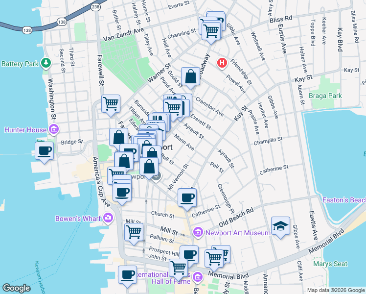 map of restaurants, bars, coffee shops, grocery stores, and more near 19 Central Street in Newport