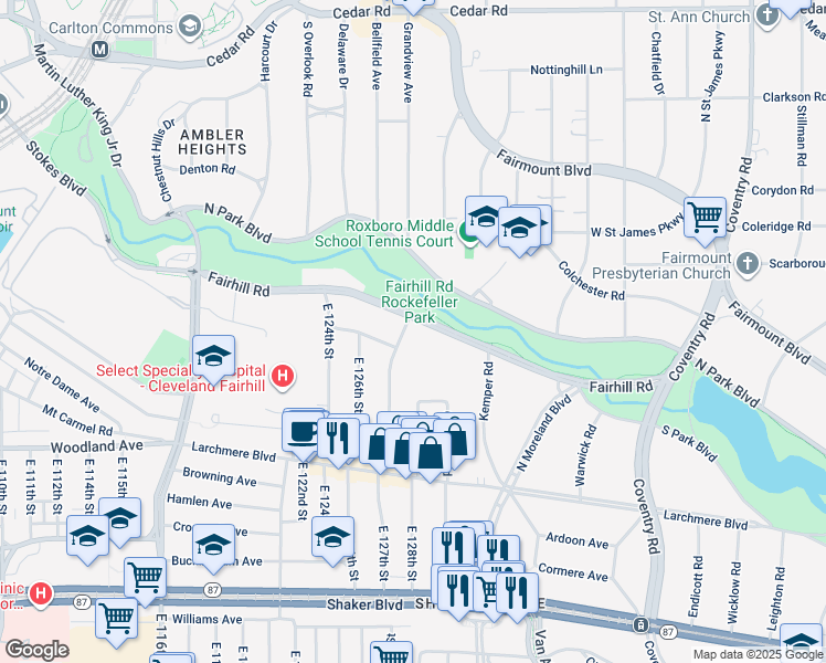 map of restaurants, bars, coffee shops, grocery stores, and more near 12700 Fairhill Road in Shaker Heights