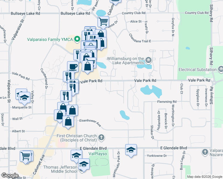 map of restaurants, bars, coffee shops, grocery stores, and more near 1710 Vale Park Road in Valparaiso