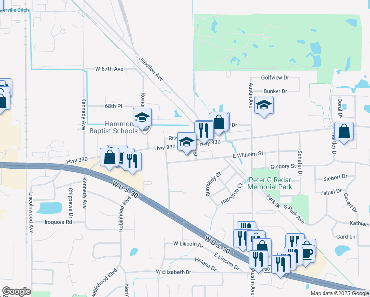 map of restaurants, bars, coffee shops, grocery stores, and more near 21 West Joliet Street in Schererville