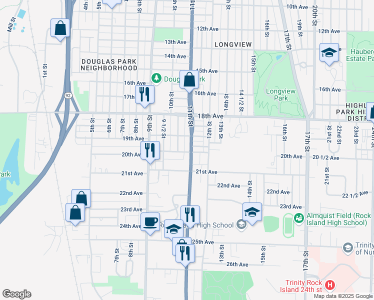 map of restaurants, bars, coffee shops, grocery stores, and more near 1008 20th Avenue in Rock Island