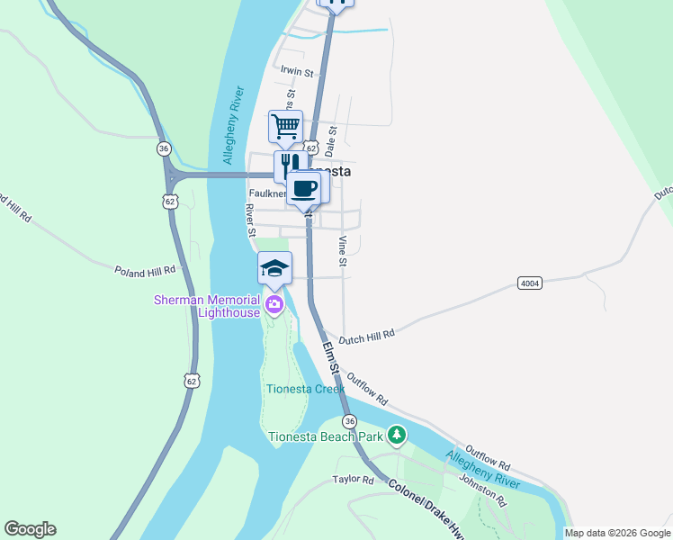 map of restaurants, bars, coffee shops, grocery stores, and more near 201 Vine Street in Tionesta