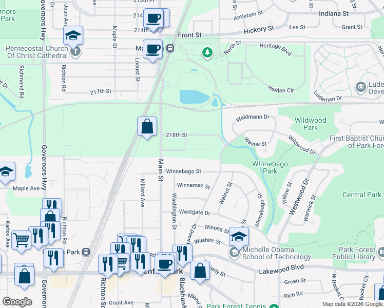 map of restaurants, bars, coffee shops, grocery stores, and more near 3447 218th Place in Matteson