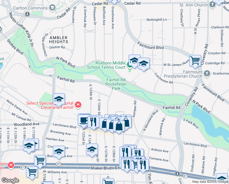 map of restaurants, bars, coffee shops, grocery stores, and more near 12700 Fairhill Road in Shaker Heights