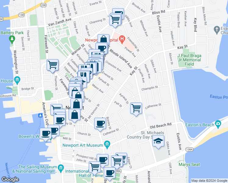 map of restaurants, bars, coffee shops, grocery stores, and more near 47 Kay Street in Newport