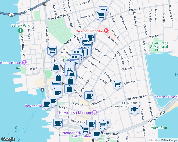map of restaurants, bars, coffee shops, grocery stores, and more near 11 Central Street in Newport
