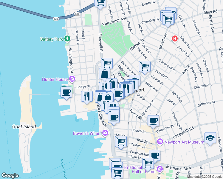 map of restaurants, bars, coffee shops, grocery stores, and more near in Newport