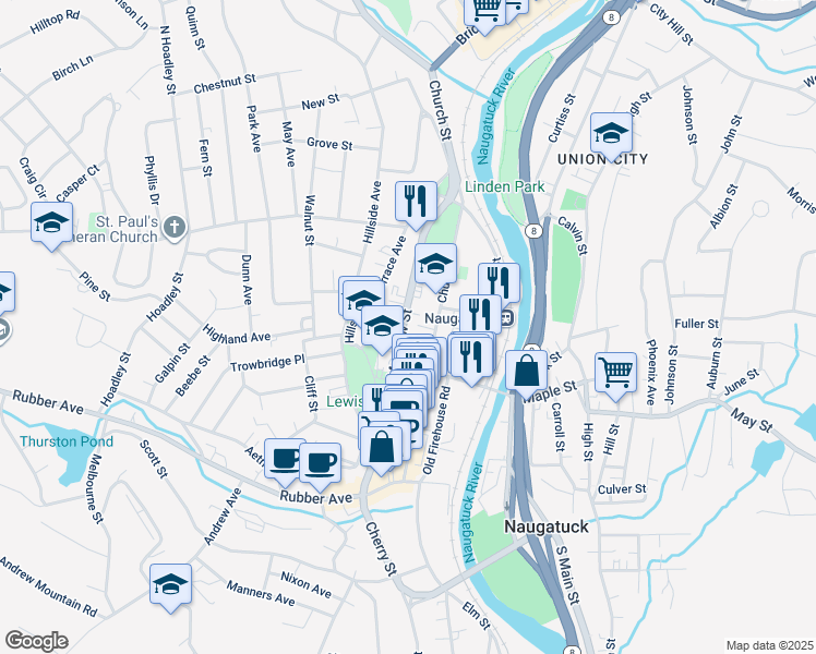 map of restaurants, bars, coffee shops, grocery stores, and more near 155 Meadow Street in Naugatuck