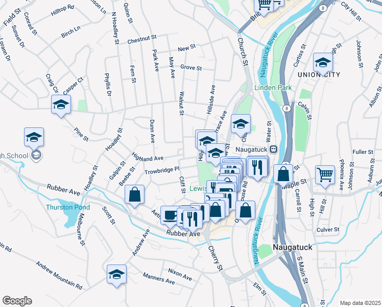 map of restaurants, bars, coffee shops, grocery stores, and more near 136 Fairview Avenue in Naugatuck