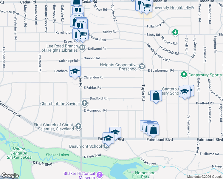 map of restaurants, bars, coffee shops, grocery stores, and more near 3305 Bradford Road in Cleveland Heights
