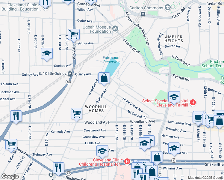 map of restaurants, bars, coffee shops, grocery stores, and more near 2461 Baldwin Road in Cleveland