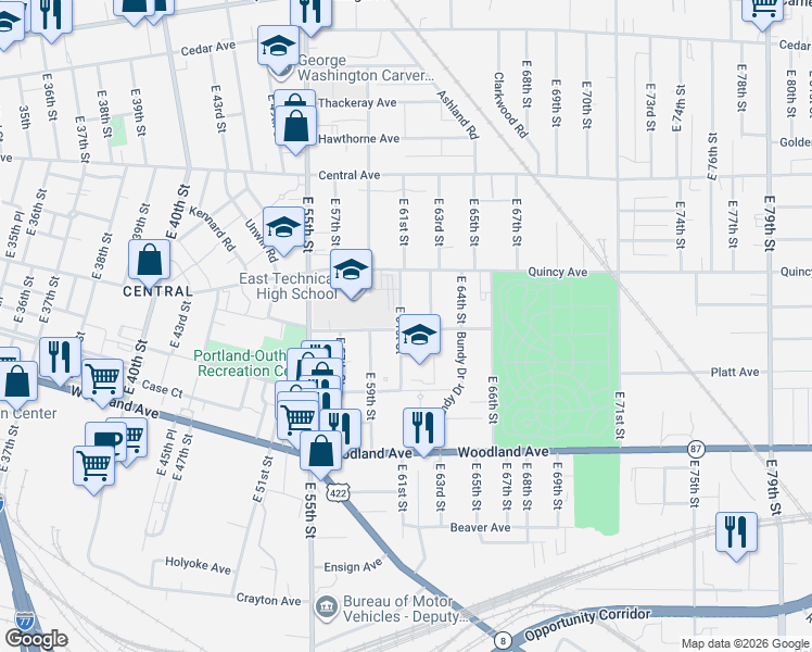 map of restaurants, bars, coffee shops, grocery stores, and more near 6156 Scovill Avenue in Cleveland