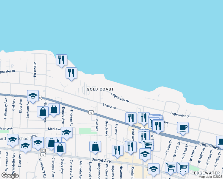 map of restaurants, bars, coffee shops, grocery stores, and more near 12039 Edgewater Drive in Lakewood