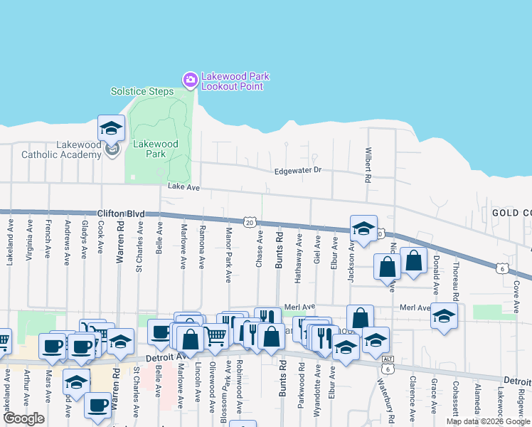 map of restaurants, bars, coffee shops, grocery stores, and more near 13884 Clifton Boulevard in Lakewood