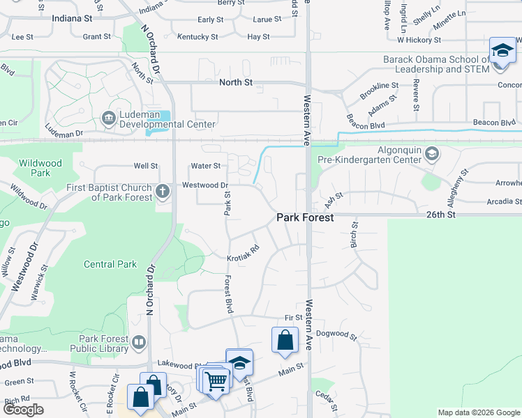 map of restaurants, bars, coffee shops, grocery stores, and more near 30 Westwood Drive in Park Forest