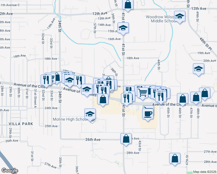 map of restaurants, bars, coffee shops, grocery stores, and more near 3726 22nd Ave in Moline