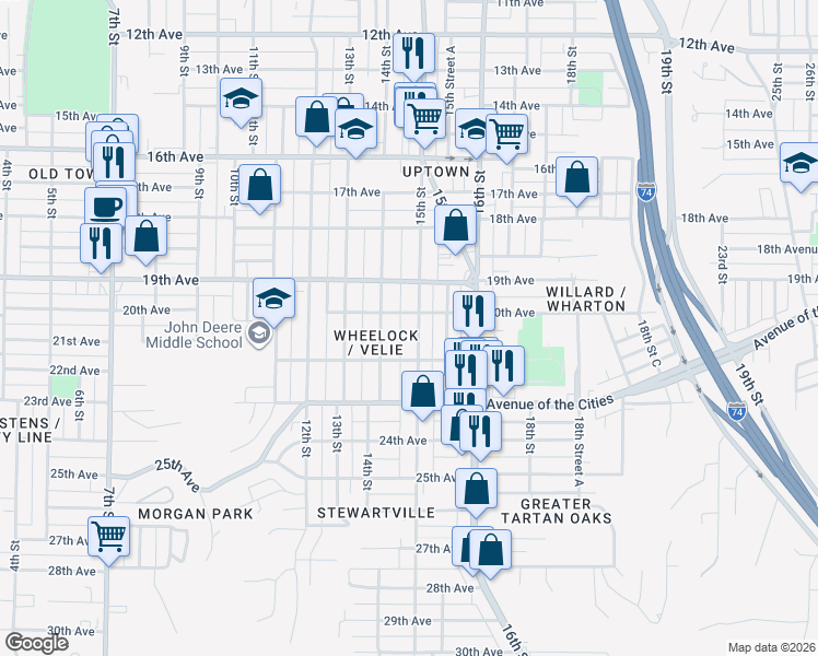 map of restaurants, bars, coffee shops, grocery stores, and more near 2025 15th Street in Moline