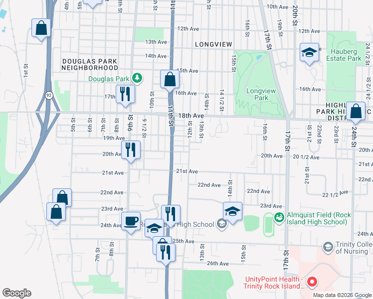 map of restaurants, bars, coffee shops, grocery stores, and more near 1120 20th Avenue in Rock Island
