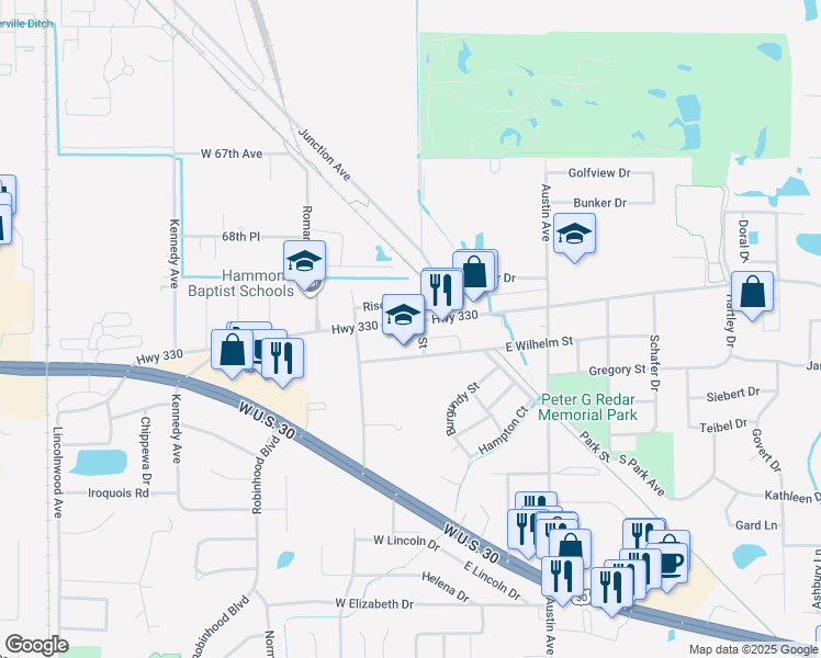 map of restaurants, bars, coffee shops, grocery stores, and more near 13 West Joliet Street in Schererville