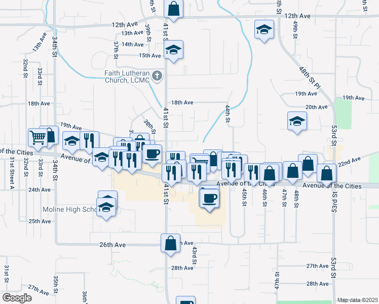 map of restaurants, bars, coffee shops, grocery stores, and more near 4201 22nd Avenue in Moline