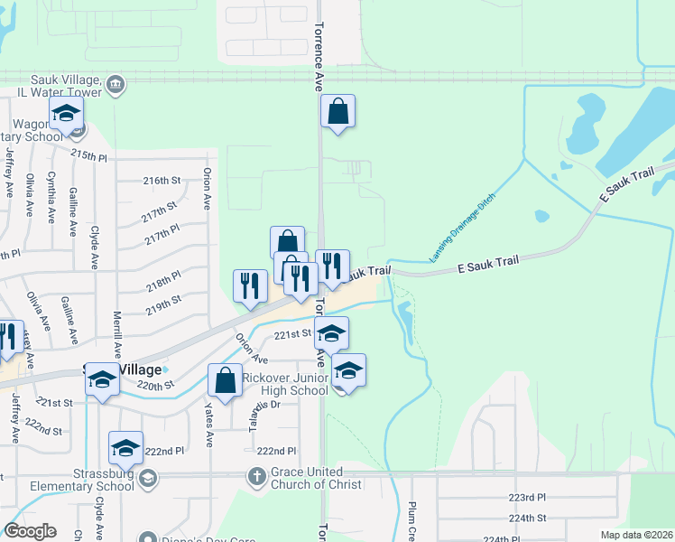 map of restaurants, bars, coffee shops, grocery stores, and more near 21901 Torrence Avenue in Sauk Village