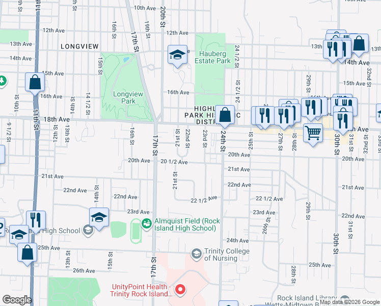 map of restaurants, bars, coffee shops, grocery stores, and more near 1857 22nd Street in Rock Island