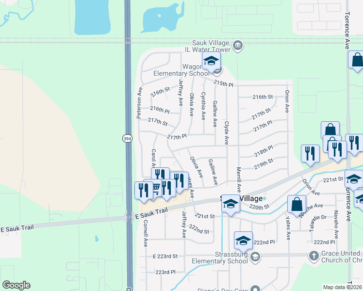 map of restaurants, bars, coffee shops, grocery stores, and more near 1733 218th Street in Sauk Village