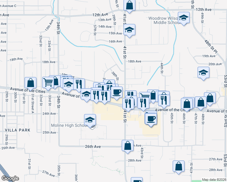 map of restaurants, bars, coffee shops, grocery stores, and more near 3726 22nd Avenue in Moline