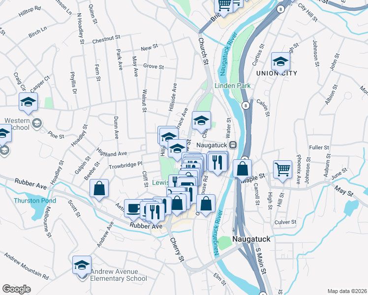 map of restaurants, bars, coffee shops, grocery stores, and more near 164 Meadow Street in Naugatuck