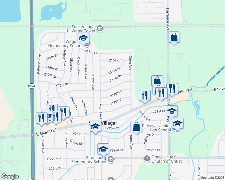 map of restaurants, bars, coffee shops, grocery stores, and more near 2063 218th Place in Sauk Village