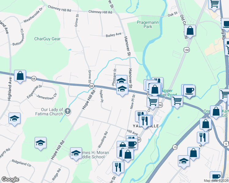map of restaurants, bars, coffee shops, grocery stores, and more near 441 Church Street in Wallingford