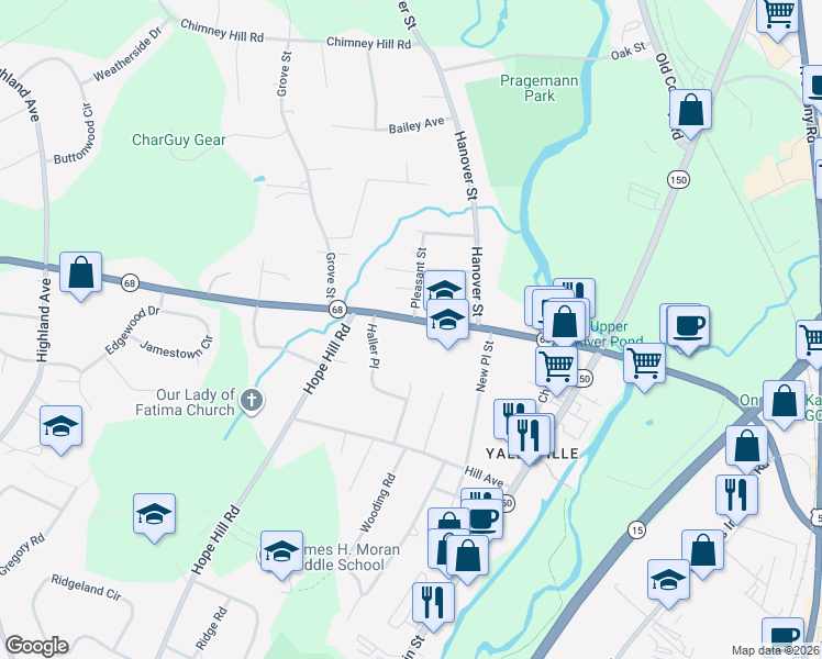 map of restaurants, bars, coffee shops, grocery stores, and more near 441 Church Street in Wallingford