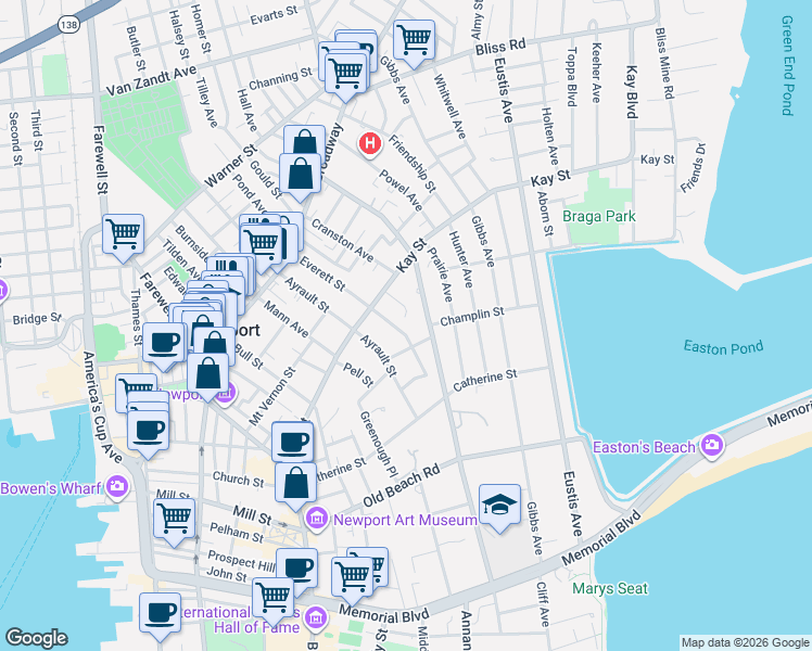 map of restaurants, bars, coffee shops, grocery stores, and more near 45 Everett Street in Newport