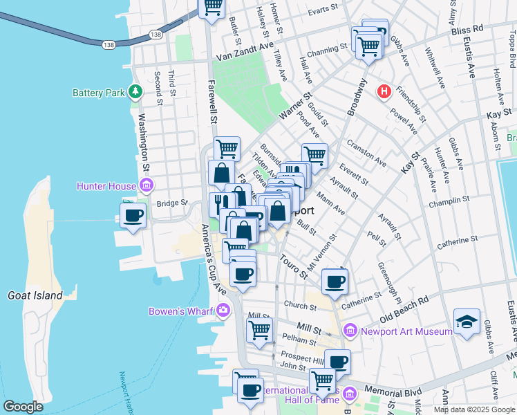 map of restaurants, bars, coffee shops, grocery stores, and more near 11 Coddington Street in Newport